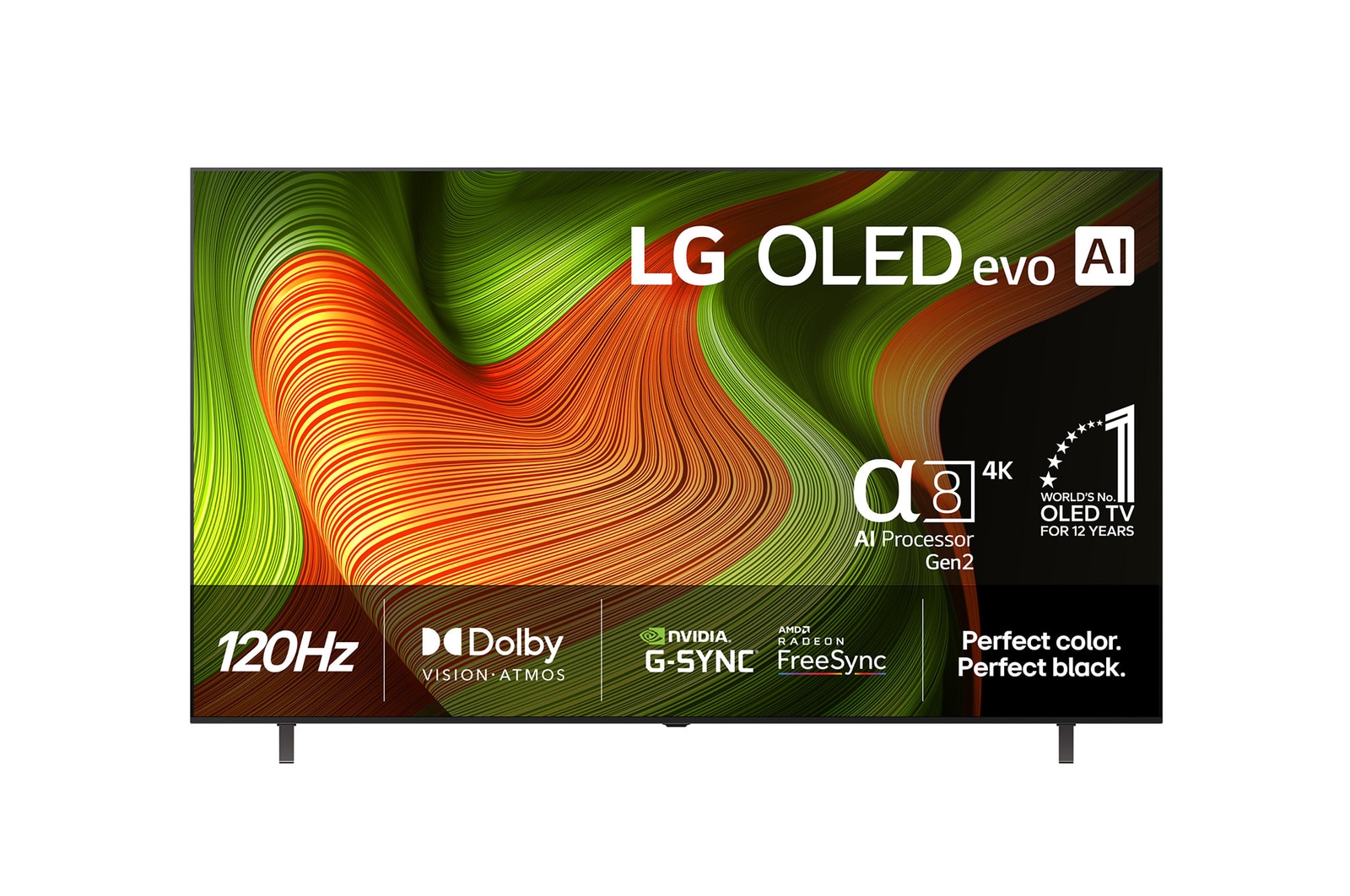 Vy framifrån av LG OLED AI B5 4K Smart TV. Emblemet 12 år som världens ledande OLED och logotypen LG OLED AI 2025 visas på skärmen.