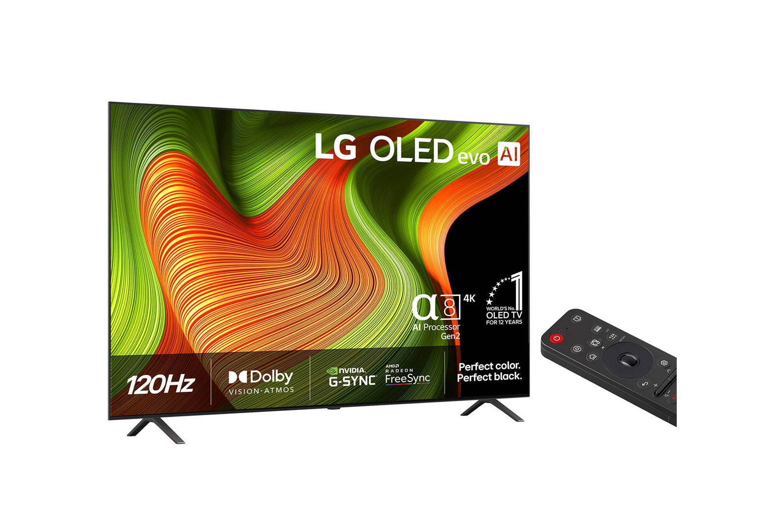 Något vinklad vy av LG OLED evo AI B5 4K Smart TV.