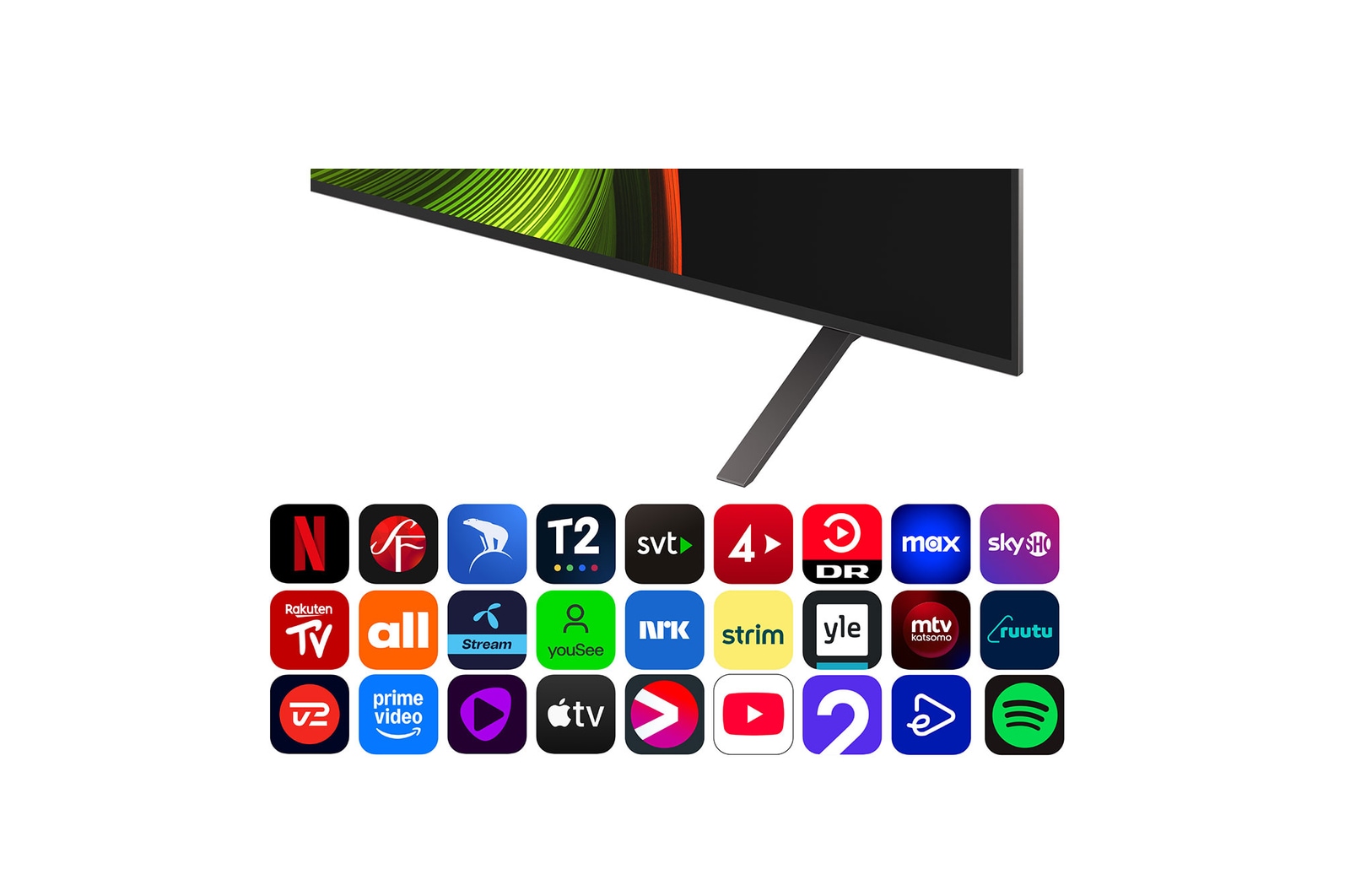 Vy framifrån och från sidan av LG OLED AI B5 4K Smart TV som visar dess längd, bredd, höjd och djupdimensioner.