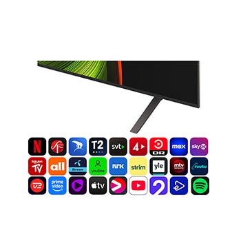 Vy framifrån och från sidan av LG OLED AI B5 4K Smart TV som visar dess längd, bredd, höjd och djupdimensioner.