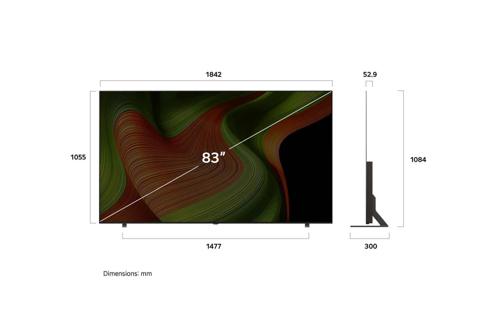 Vy framifrån och från sidan av LG OLED AI B5 4K Smart TV som visar dess längd, bredd, höjd och djupdimensioner.