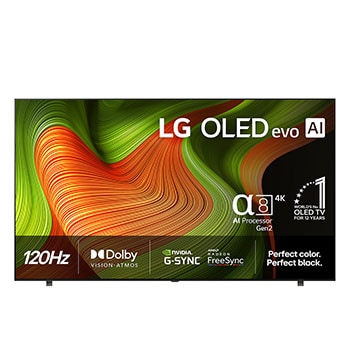 Vy framifrån av LG OLED AI B5 4K Smart TV. Emblemet 12 år som världens ledande OLED och logotypen LG OLED AI 2025 visas på skärmen.