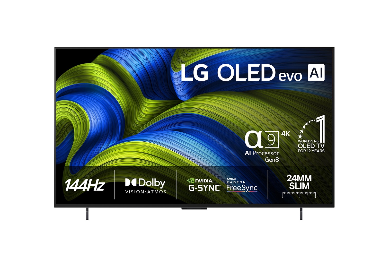 Vy framifrån av LG OLED evo AI C5 4K Smart TV. Emblemet 12 år som världens ledande OLED och logotypen LG OLED evo AI 2025 visas på skärmen.