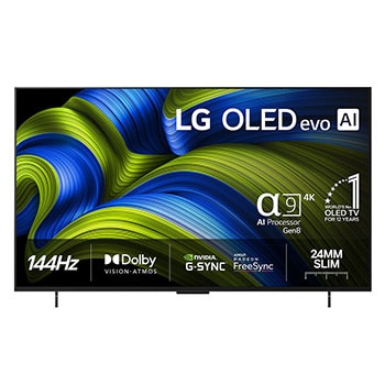 Vy framifrån av LG OLED evo AI C5 4K Smart TV. Emblemet 12 år som världens ledande OLED och logotypen LG OLED evo AI 2025 visas på skärmen.