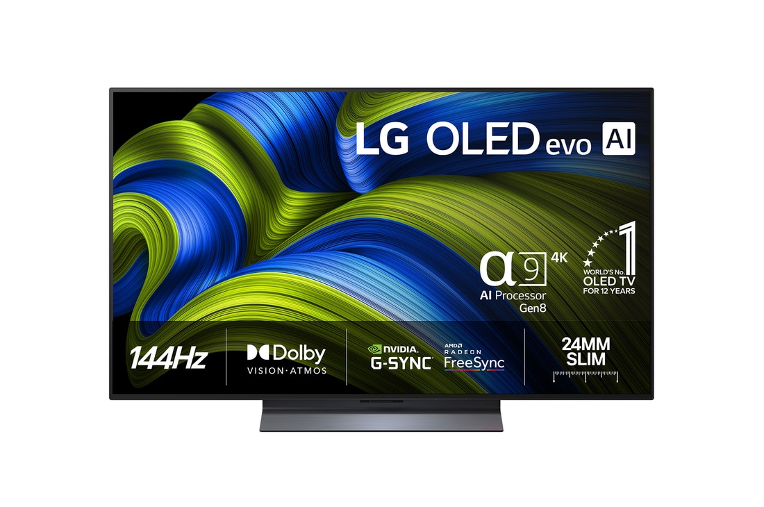 Vy framifrån av LG OLED evo AI C5 4K Smart TV. Emblemet 12 år som världens ledande OLED och logotypen LG OLED evo AI 2025 visas på skärmen.