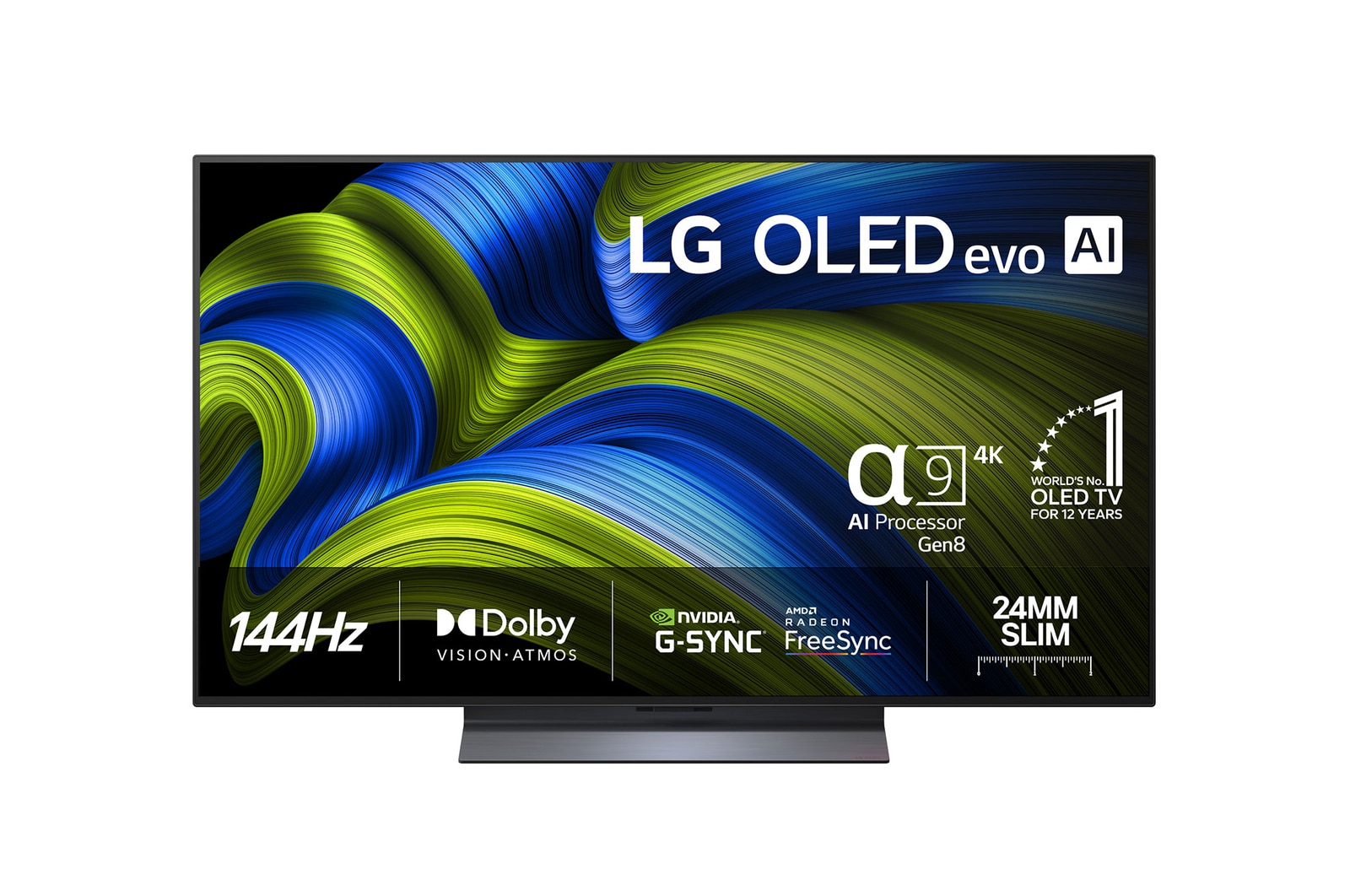 Vy framifrån av LG OLED evo AI C5 4K Smart TV. Emblemet 12 år som världens ledande OLED och logotypen LG OLED evo AI 2025 visas på skärmen.