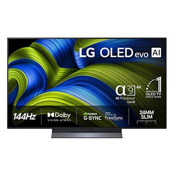 Vy framifrån av LG OLED evo AI C5 4K Smart TV. Emblemet 12 år som världens ledande OLED och logotypen LG OLED evo AI 2025 visas på skärmen.
