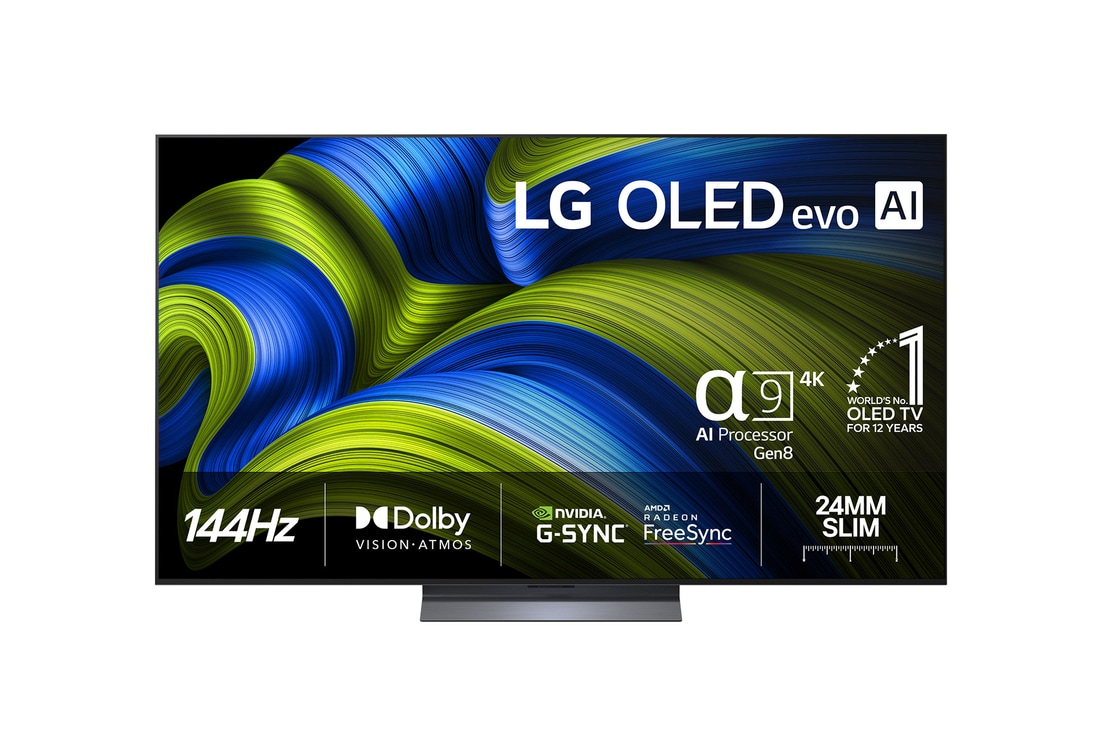 Front view of LG OLED evo AI C5E 4K Smart TV. 12 Years of world number 1 OLED emblem and LG OLED evo AI 2025 logo are on the screen.