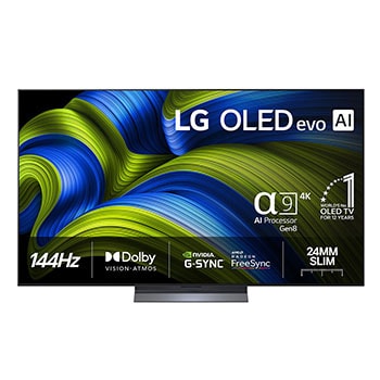 Front view of LG OLED evo AI C5E 4K Smart TV. 12 Years of world number 1 OLED emblem and LG OLED evo AI 2025 logo are on the screen.