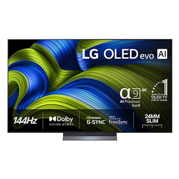 Front view of LG OLED evo AI C5E 4K Smart TV. 12 Years of world number 1 OLED emblem and LG OLED evo AI 2025 logo are on the screen.