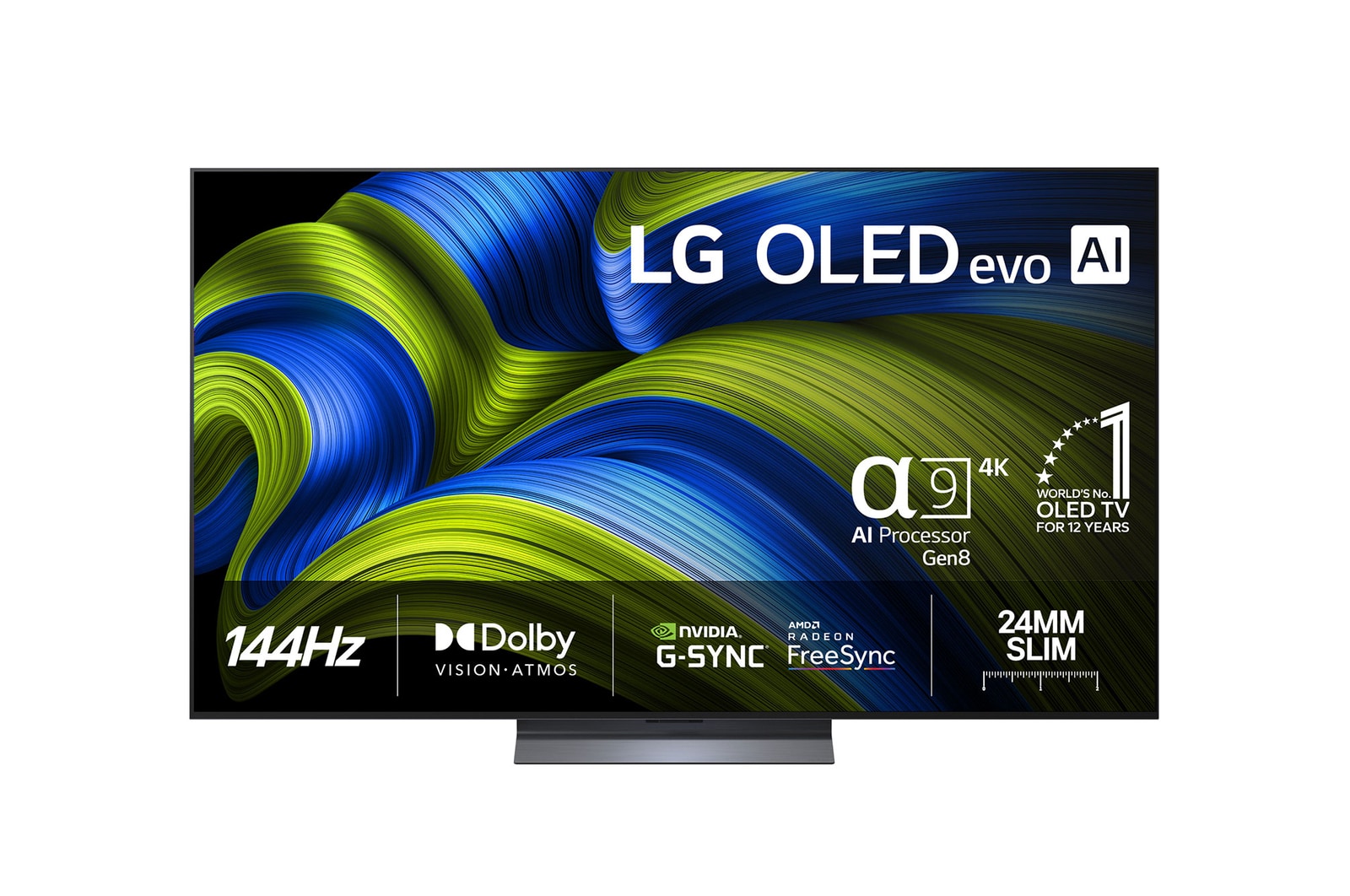 Front view of LG OLED evo AI C5E 4K Smart TV. 12 Years of world number 1 OLED emblem and LG OLED evo AI 2025 logo are on the screen.