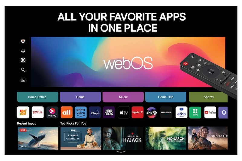 The alpha 9 AI Processor Gen8 lights up with different shades of blue and bolts of light shoot out from it highlighting its circuits. Performance statistics are visible. 1.7 times greater AI neural processing, NPU. 1.7 times faster operation, CPU. 2.1 times improved graphics, GPU.