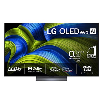 Front view of LG OLED evo AI C5E 4K Smart TV. 12 Years of world number 1 OLED emblem and LG OLED evo AI 2025 logo are on the screen.