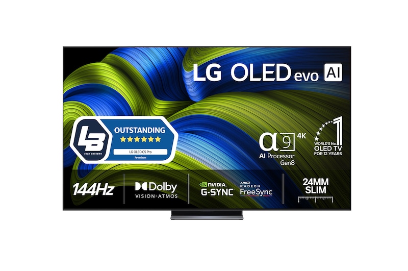 Vy framifrån av LG OLED evo AI C5 4K Smart TV. Emblemet 12 år som världens ledande OLED och logotypen LG OLED evo AI 2025 visas på skärmen.