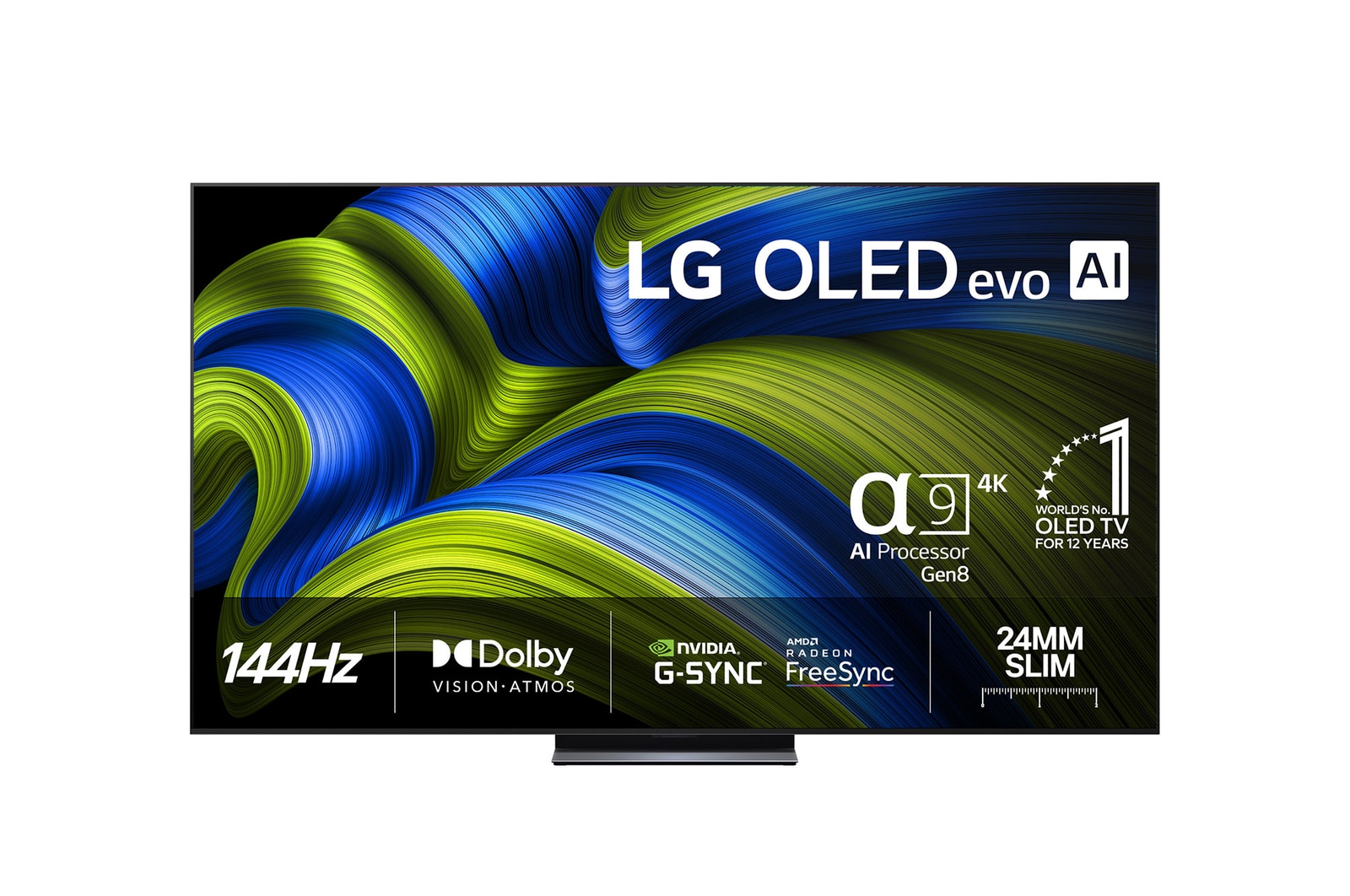 Vy framifrån av LG OLED evo AI C5 4K Smart TV. Emblemet 12 år som världens ledande OLED och logotypen LG OLED evo AI 2025 visas på skärmen.