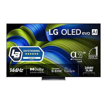 Vy framifrån av LG OLED evo AI C5 4K Smart TV. Emblemet 12 år som världens ledande OLED och logotypen LG OLED evo AI 2025 visas på skärmen.