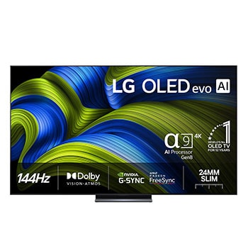 Vy framifrån av LG OLED evo AI C5 4K Smart TV. Emblemet 12 år som världens ledande OLED och logotypen LG OLED evo AI 2025 visas på skärmen.