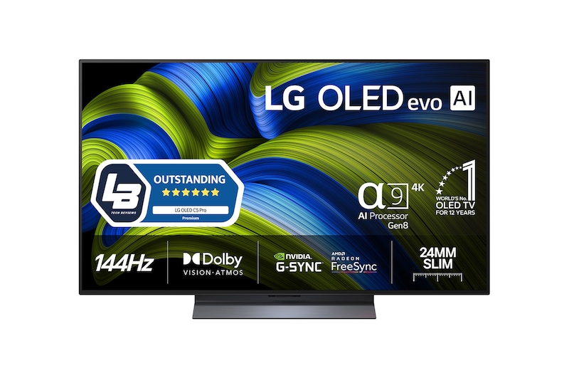 Vy framifrån av LG OLED evo AI C5 4K Smart TV. Emblemet 12 år som världens ledande OLED och logotypen LG OLED evo AI 2025 visas på skärmen.