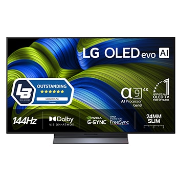 Vy framifrån av LG OLED evo AI C5 4K Smart TV. Emblemet 12 år som världens ledande OLED och logotypen LG OLED evo AI 2025 visas på skärmen.