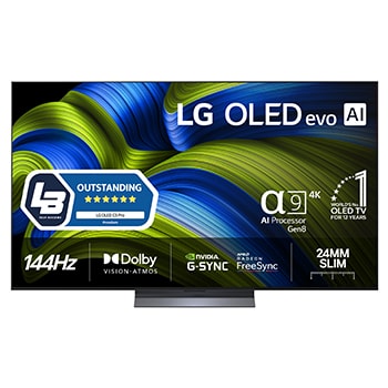 Front view of LG OLED evo AI C5E 4K Smart TV. 12 Years of world number 1 OLED emblem and LG OLED evo AI 2025 logo are on the screen.