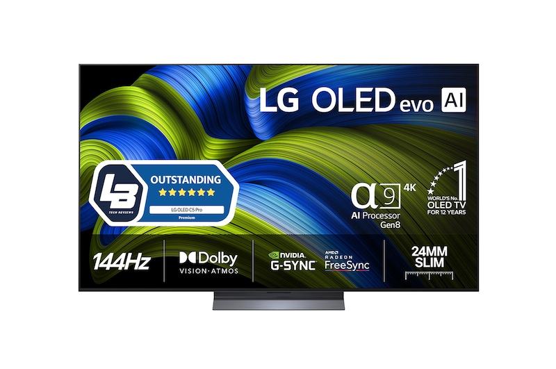 Front view of LG OLED evo AI C5E 4K Smart TV. 12 Years of world number 1 OLED emblem and LG OLED evo AI 2025 logo are on the screen.