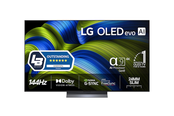 Front view of LG OLED evo AI C5E 4K Smart TV. 12 Years of world number 1 OLED emblem and LG OLED evo AI 2025 logo are on the screen.