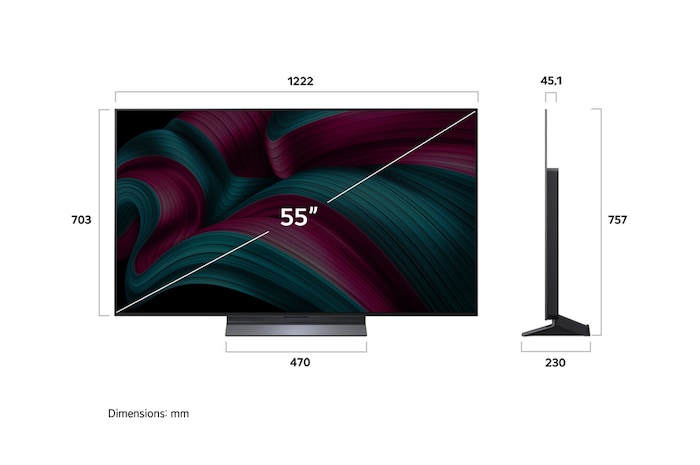 Vy framifrån och från sidan av LG OLED AI B5 4K Smart TV som visar dess längd, bredd, höjd och djupdimensioner.