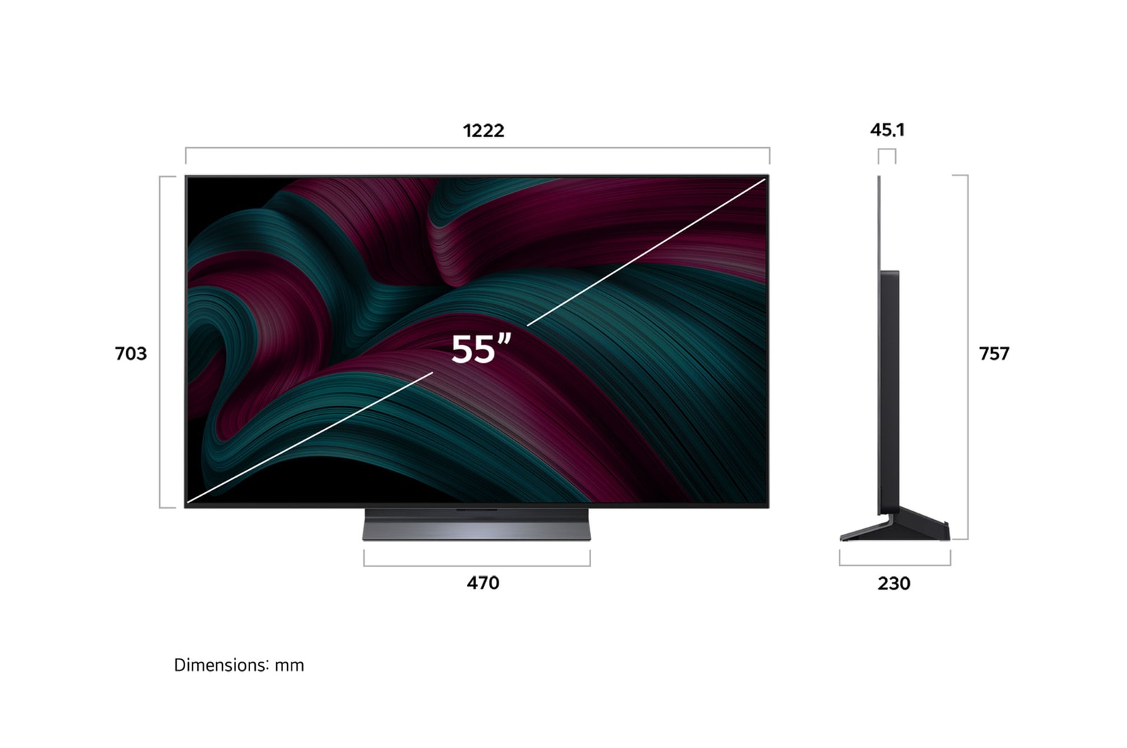 Vy framifrån och från sidan av LG OLED AI B5 4K Smart TV som visar dess längd, bredd, höjd och djupdimensioner.