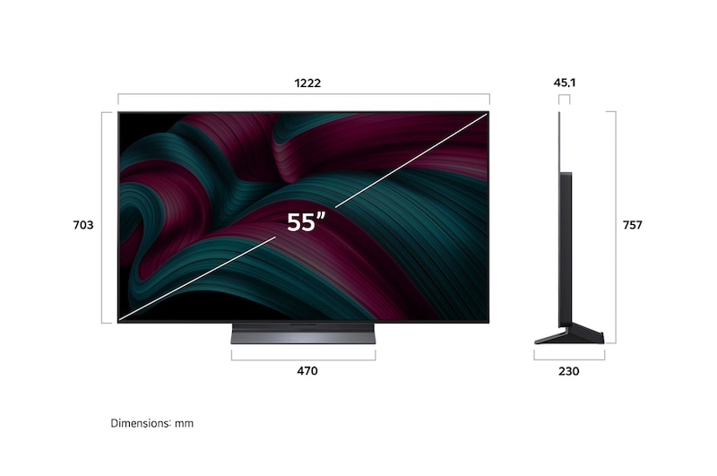 Vy framifrån och från sidan av LG OLED AI B5 4K Smart TV som visar dess längd, bredd, höjd och djupdimensioner.