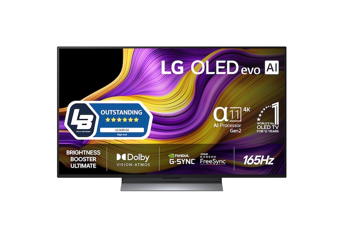 Vy framifrån av LG OLED evo AI G5 4K Smart TV. Emblemet 12 år som världens ledande OLED och logotypen LG OLED evo AI 2025 visas på skärmen.