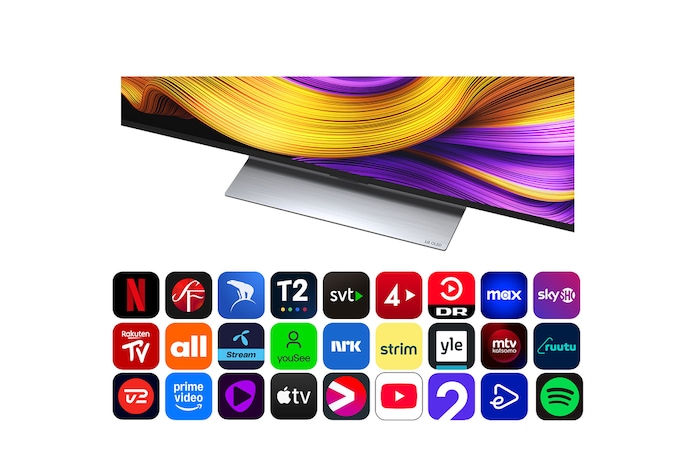 Vy framifrån och från sidan av LG OLED evo AI G5 4K Smart TV som visar dess längd, bredd, höjd och djupdimensioner.