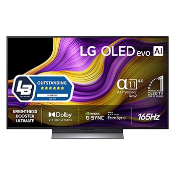 Vy framifrån av LG OLED evo AI G5 4K Smart TV. Emblemet 12 år som världens ledande OLED och logotypen LG OLED evo AI 2025 visas på skärmen.