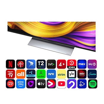 Vy framifrån och från sidan av LG OLED evo AI G5 4K Smart TV som visar dess längd, bredd, höjd och djupdimensioner.