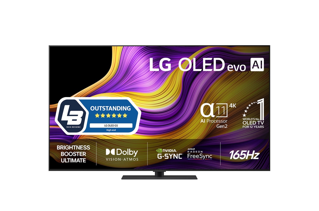 Vy framifrån av LG OLED evo AI G5 4K Smart TV. Emblemet 12 år som världens ledande OLED och logotypen LG OLED evo AI 2025 visas på skärmen.