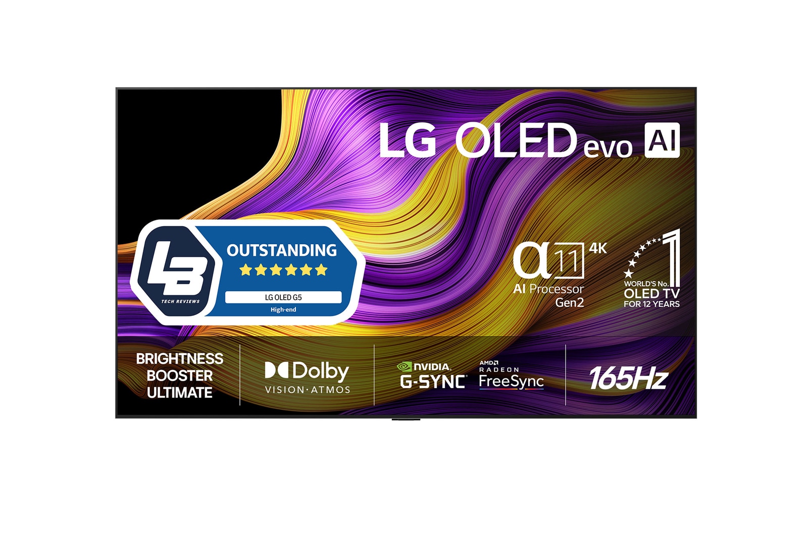 Vy framifrån av LG OLED evo AI G5 4K Smart TV. Emblemet 12 år som världens ledande OLED och logotypen LG OLED evo AI 2025 visas på skärmen.