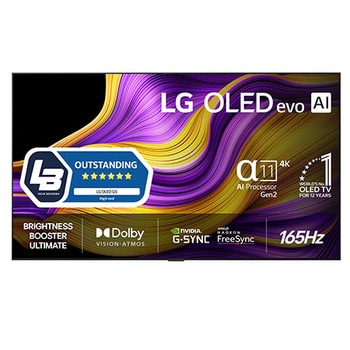 Vy framifrån av LG OLED evo AI G5 4K Smart TV. Emblemet 12 år som världens ledande OLED och logotypen LG OLED evo AI 2025 visas på skärmen.