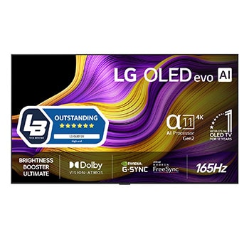 Vy framifrån av LG OLED evo AI G5 4K Smart TV. Emblemet 12 år som världens ledande OLED och logotypen LG OLED evo AI 2025 visas på skärmen.