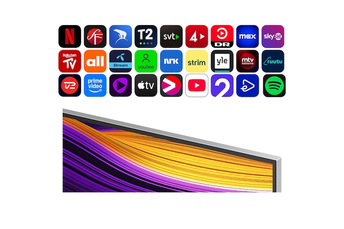 Vy framifrån och från sidan av LG OLED evo AI G5 4K Smart TV som visar dess längd, bredd, höjd och djupdimensioner.