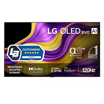 Vy framifrån av LG OLED evo AI G5 4K Smart TV. Emblemet 12 år som världens ledande OLED och logotypen LG OLED evo AI 2025 visas på skärmen.