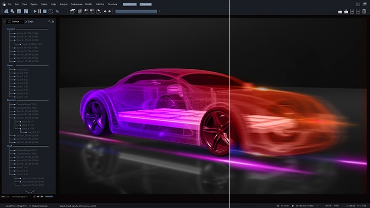 Ett 3D-gränssnitt för bilmodellering visar skillnaden i rörelseskärpa med och utan 120 Hz uppdateringsfrekvens.