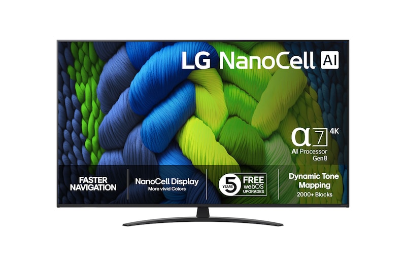 Vy framifrån av LG 55" NanoCell AI NANO82 4K Smart TV 2025 55NANO82A6B