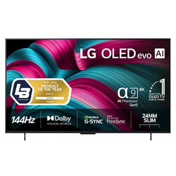 Vy framifrån av LG OLED evo AI C5 4K Smart TV. Emblemet 12 år som världens ledande OLED och logotypen LG OLED evo AI 2025 visas på skärmen.
