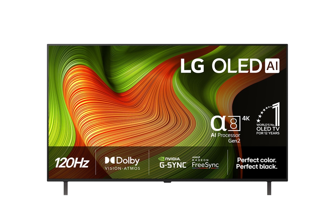 Vy framifrån av LG OLED AI B5 4K Smart TV. Emblemet 12 år som världens ledande OLED och logotypen LG OLED AI 2025 visas på skärmen.