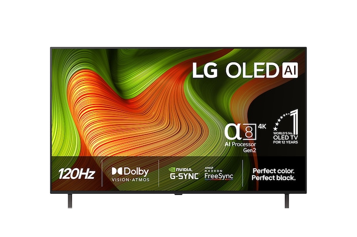 Vy framifrån av LG OLED AI B5 4K Smart TV. Emblemet 12 år som världens ledande OLED och logotypen LG OLED AI 2025 visas på skärmen.
