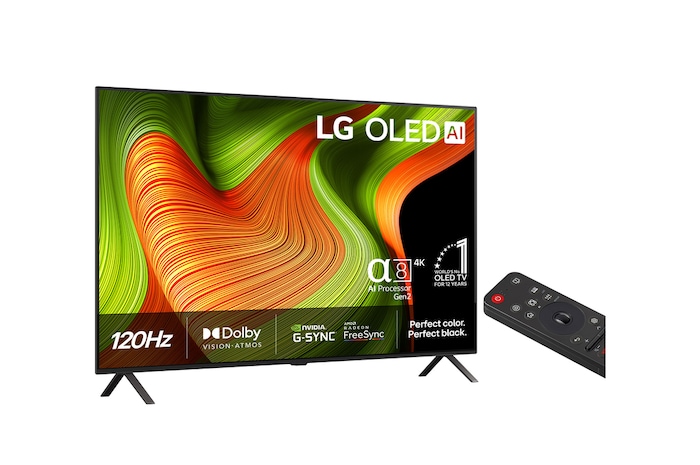 Något vinklad vy av LG OLED evo AI B5 4K Smart TV.