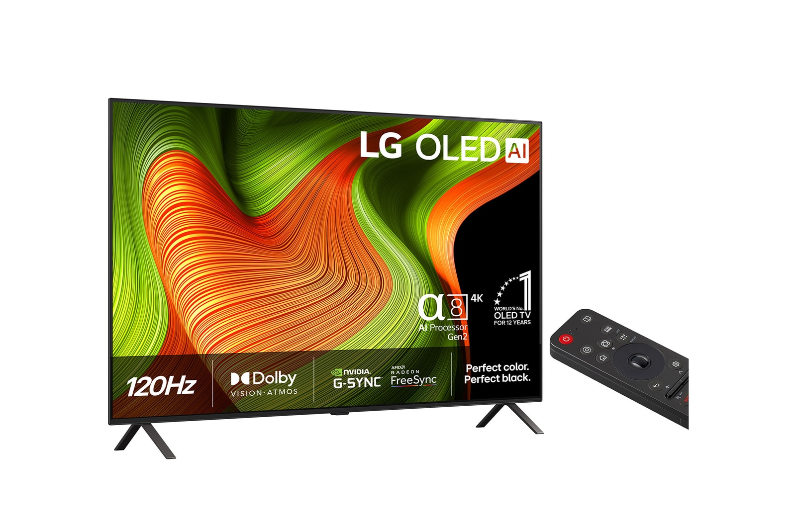 Något vinklad vy av LG OLED evo AI B5 4K Smart TV.