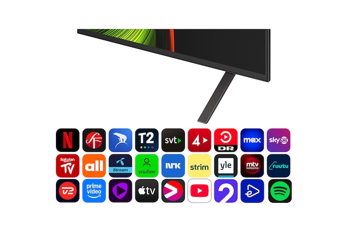 Vy framifrån och från sidan av LG OLED AI B5 4K Smart TV som visar dess längd, bredd, höjd och djupdimensioner.