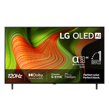 Vy framifrån av LG OLED AI B5 4K Smart TV. Emblemet 12 år som världens ledande OLED och logotypen LG OLED AI 2025 visas på skärmen.