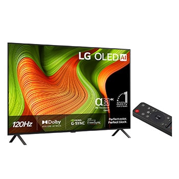 Något vinklad vy av LG OLED evo AI B5 4K Smart TV.