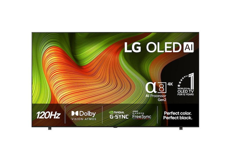 Vy framifrån av LG OLED AI B5 4K Smart TV. Emblemet 12 år som världens ledande OLED och logotypen LG OLED AI 2025 visas på skärmen.